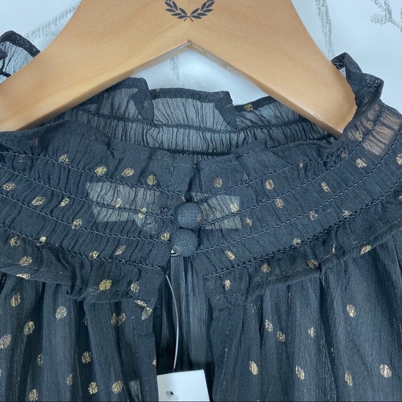 LOFT Sheer Black & Gold Dot Peasant Blouse Ruffle - Picture 4 of 8